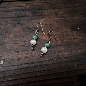 Sterling silver cultured pearl jade drop earrings dangle vintage vtg 90s artsy